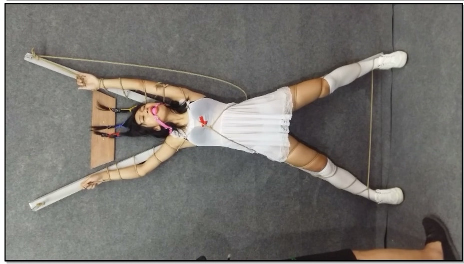 【飞天原创】云儿被粗暴固定在X刑架上，头发钉在木板上，动弹不得，只能任人宰割