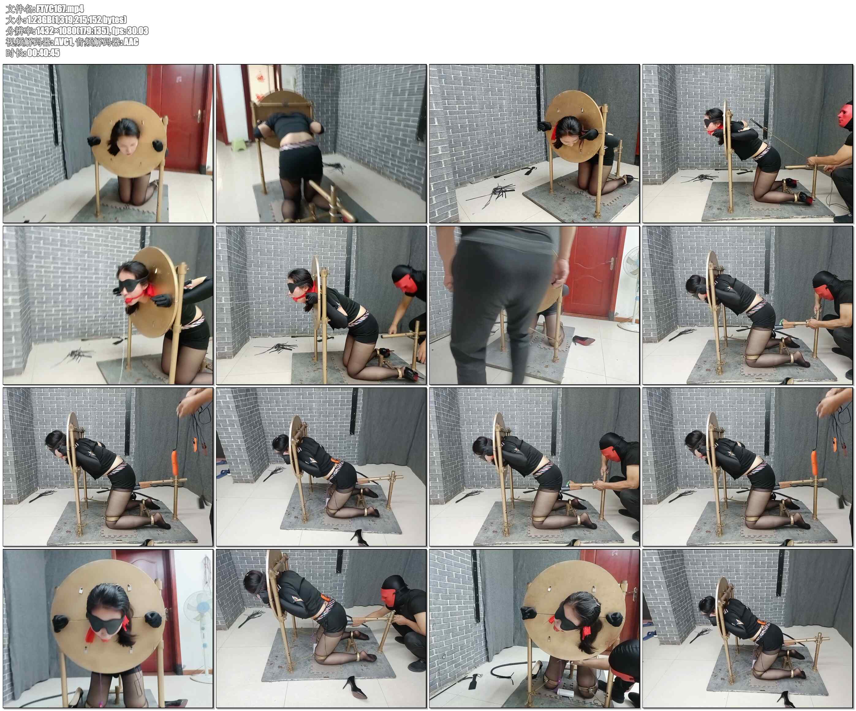 【飞天原创】柔柔奴鼻勾锁住鼻孔，大号口球堵嘴，园形木枷、拘束架严密禁锢，随边虐打..