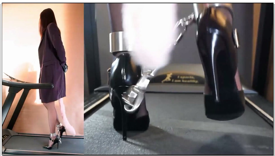 【高跟遇到跑步机】铐镣禁锢的黑丝高跟套裙风衣在跑步机上