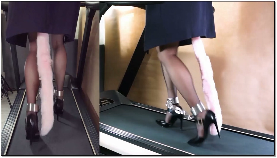 【高跟遇到跑步机】铐镣禁锢的黑丝高跟套裙风衣在跑步机上