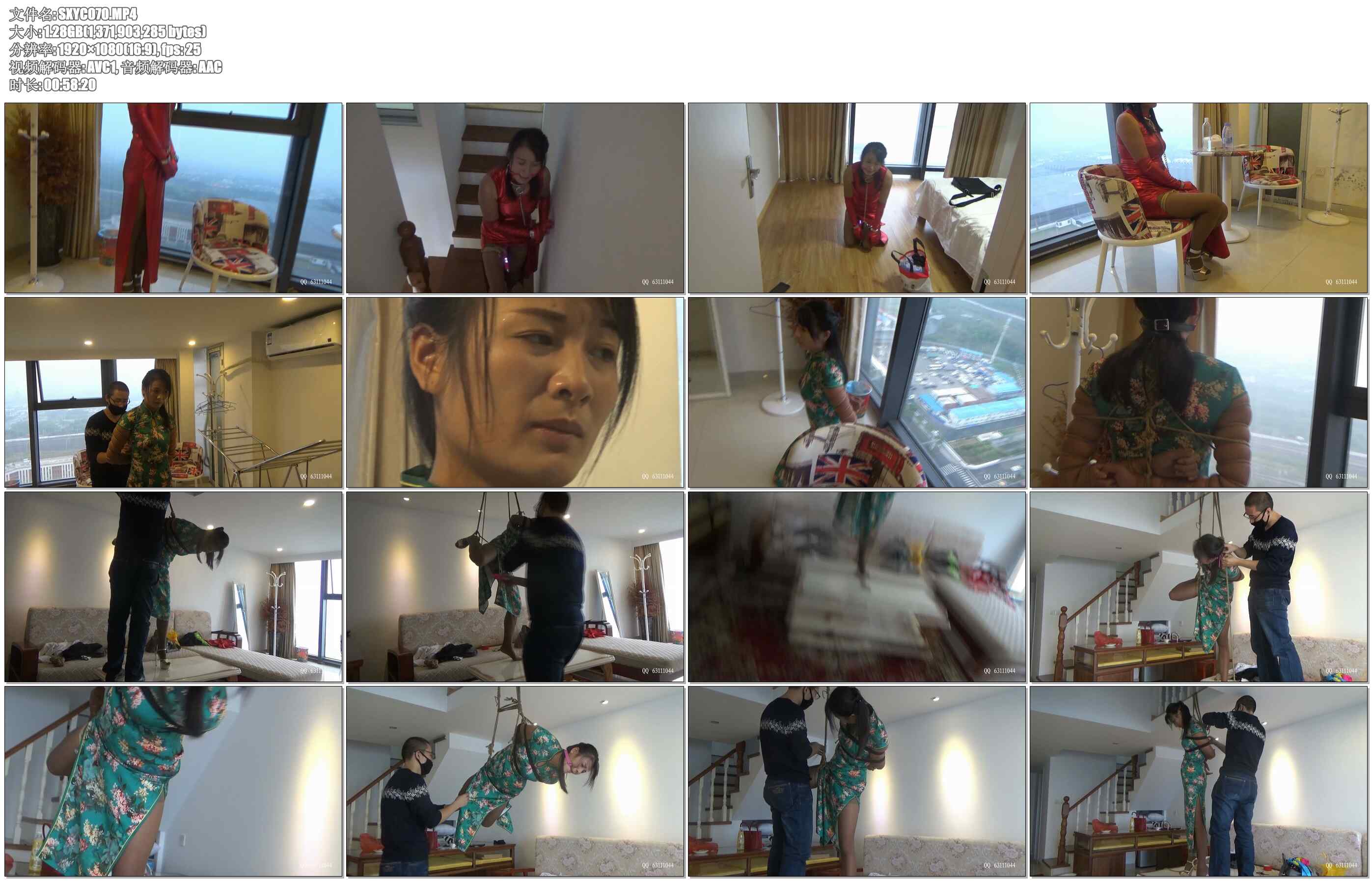 【随心原创】苏州城2 复式房绳奴T教, 红礼服全身镣铐爬行,绿旗袍超紧勒劲五花大绑悬吊